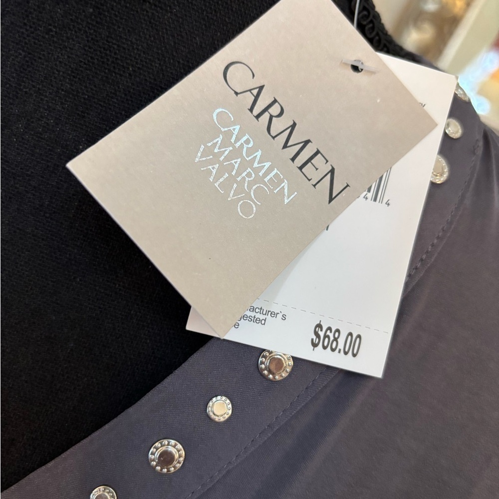 CARMEN MARC VALVO V-NECK STUDDED GREY SILKY DRESSY BUSINESS BLOUSE SIZE MED NEW - Picture 5 of 8